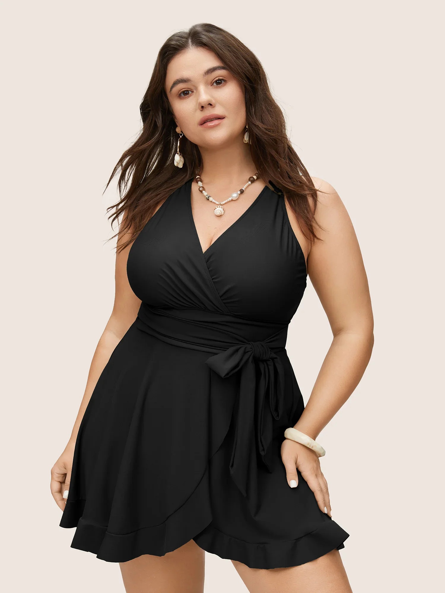Plus Size One Piece Swimsuit Sleeveless V-Neck Bandage Cover Up Swim Dress